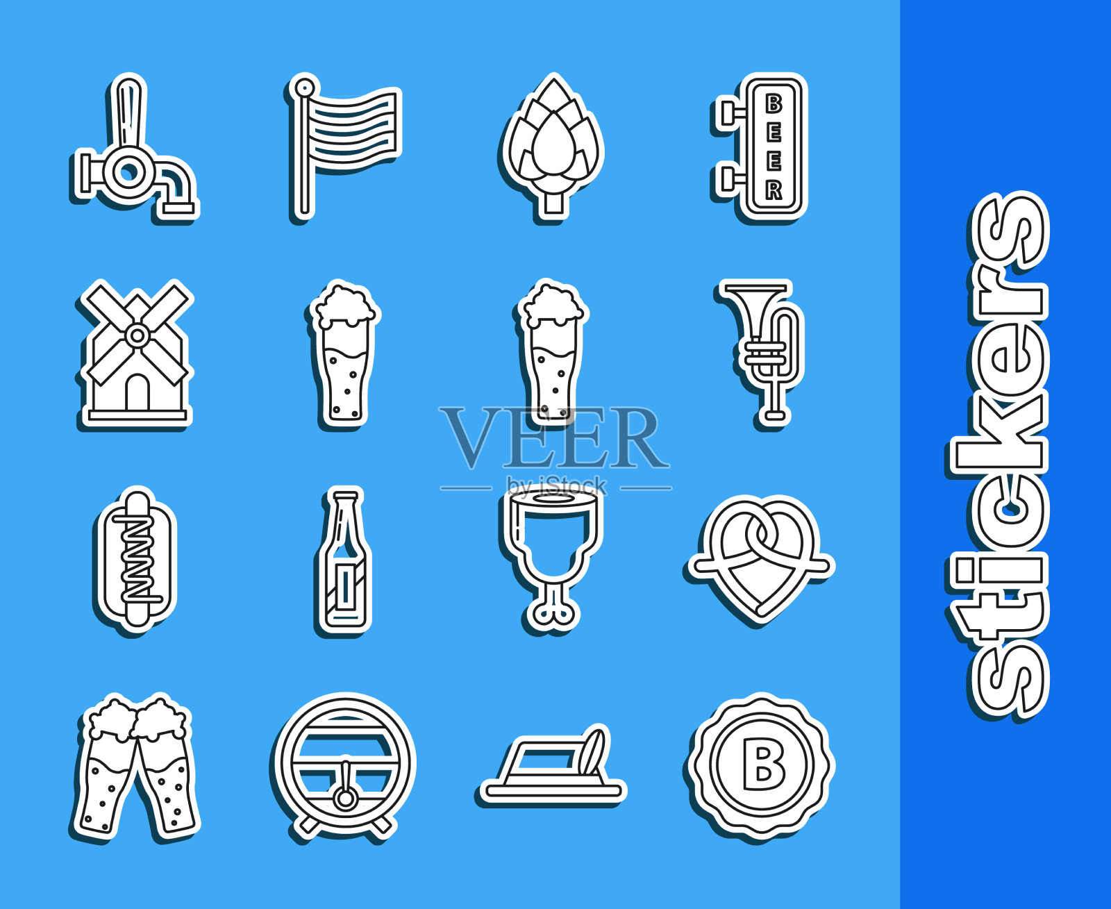 设置线瓶盖上的铭文啤酒椒盐卷饼图标素材