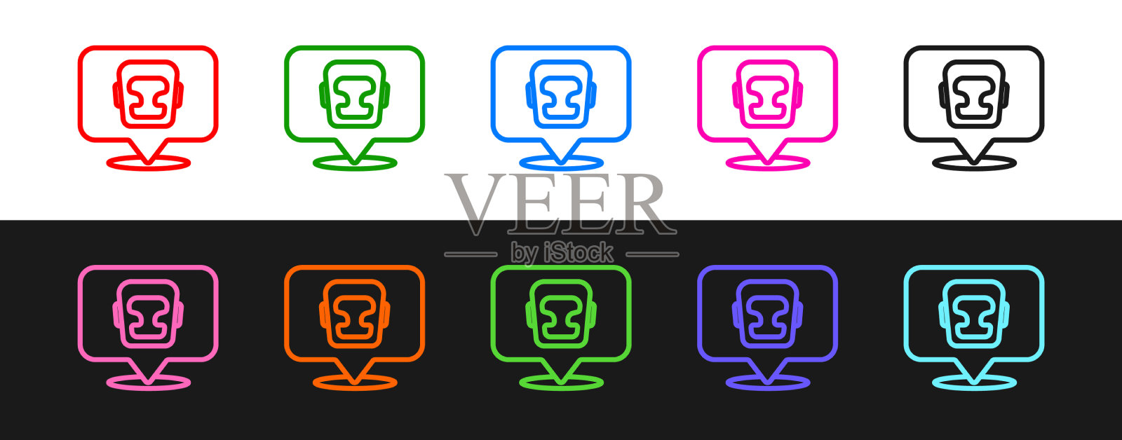 设置线拳击头盔图标孤立在黑色和图标素材