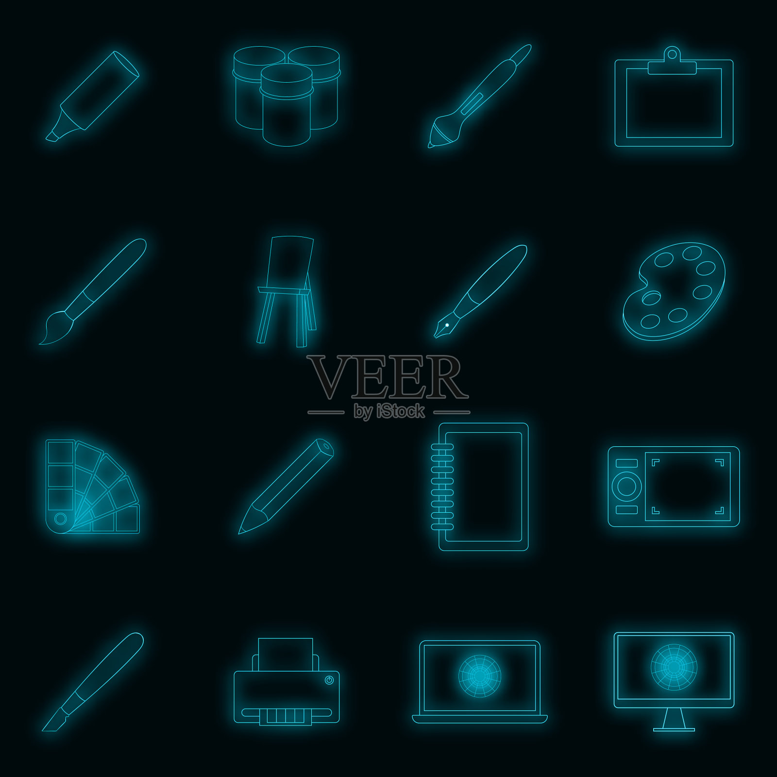 绘制和绘画工具图标设置霓虹灯图标素材