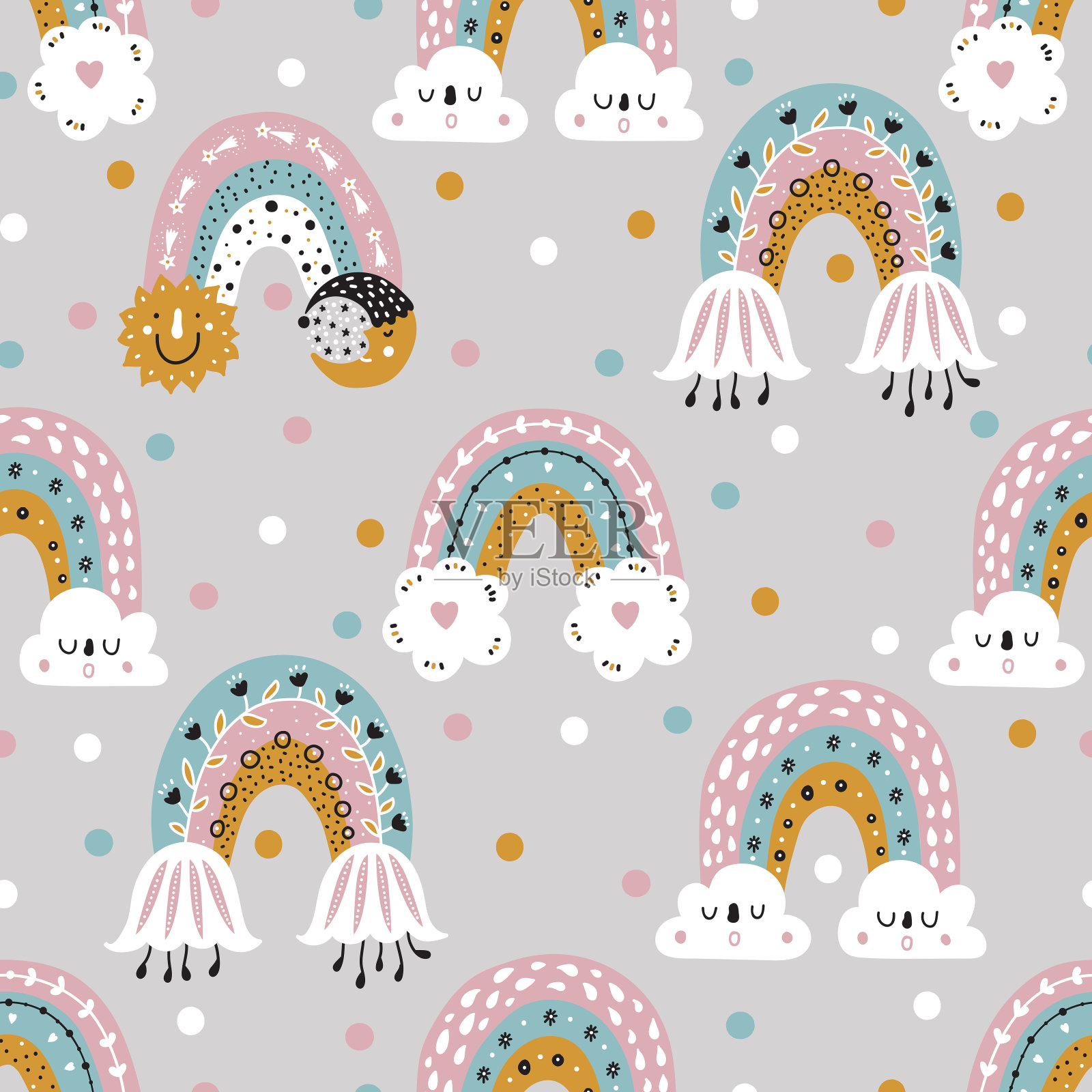 可爱的向量无缝模式与彩虹在斯堪的纳维亚风格。插画图片素材
