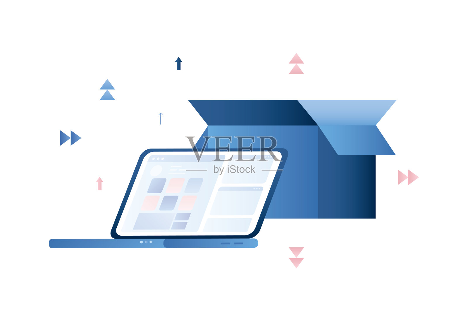 现代笔记本电脑与市场应用程序在屏幕上。通过互联网订购商品。打开纸箱。电子商务,交付的概念。快速航运。插画图片素材