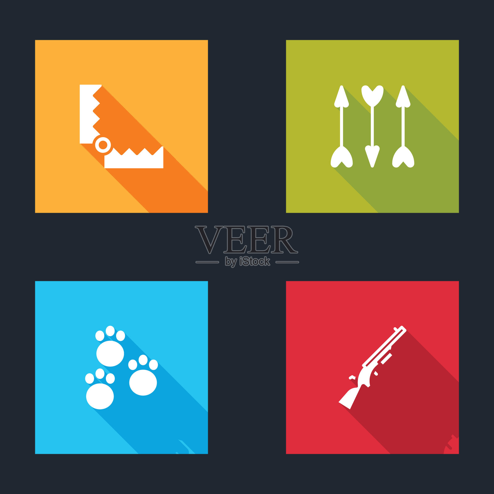 设置陷阱狩猎,潮人箭头,爪印和猎枪图标。向量图标素材