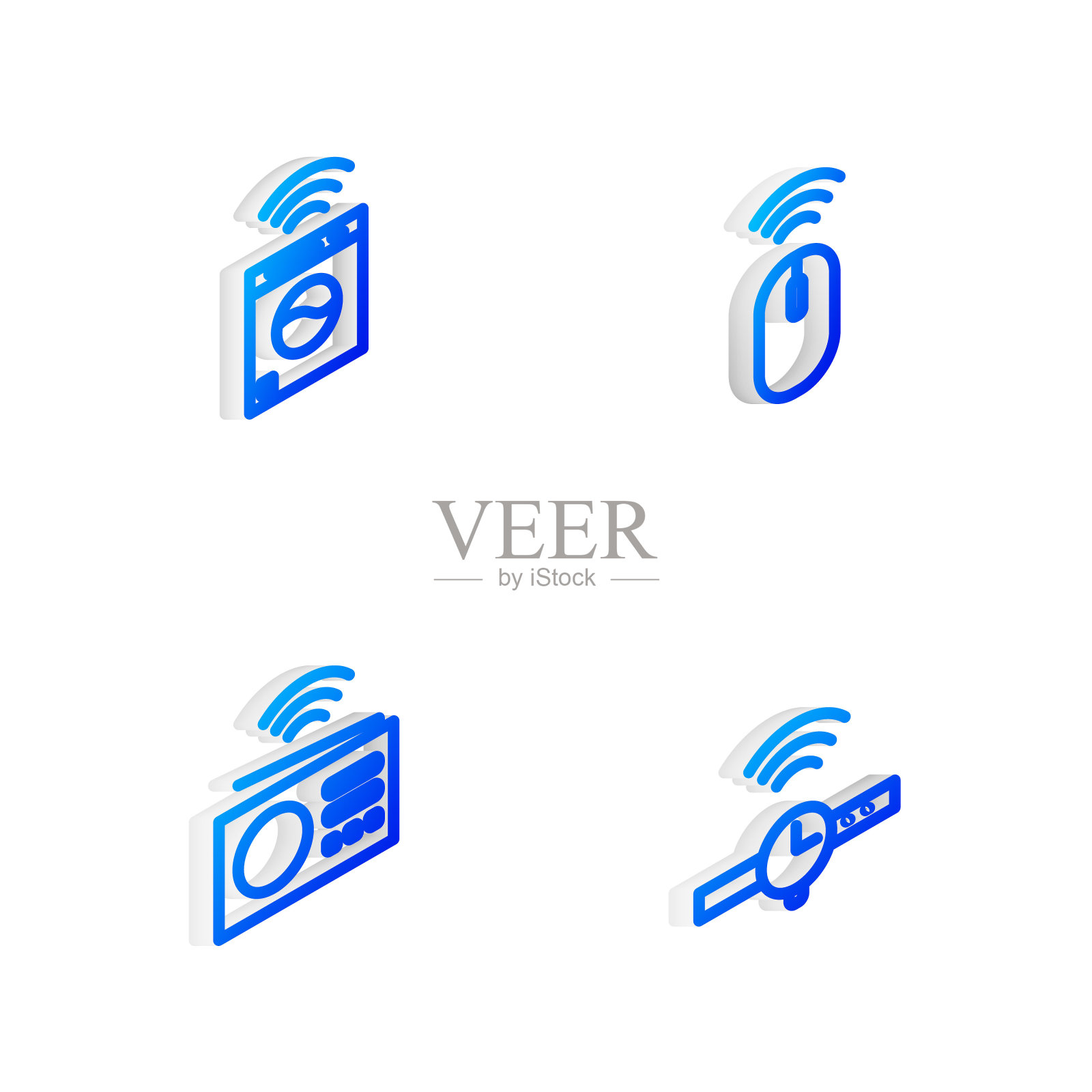 无线鼠标,智能洗衣机,收音机和智能手表图标。向量图标素材