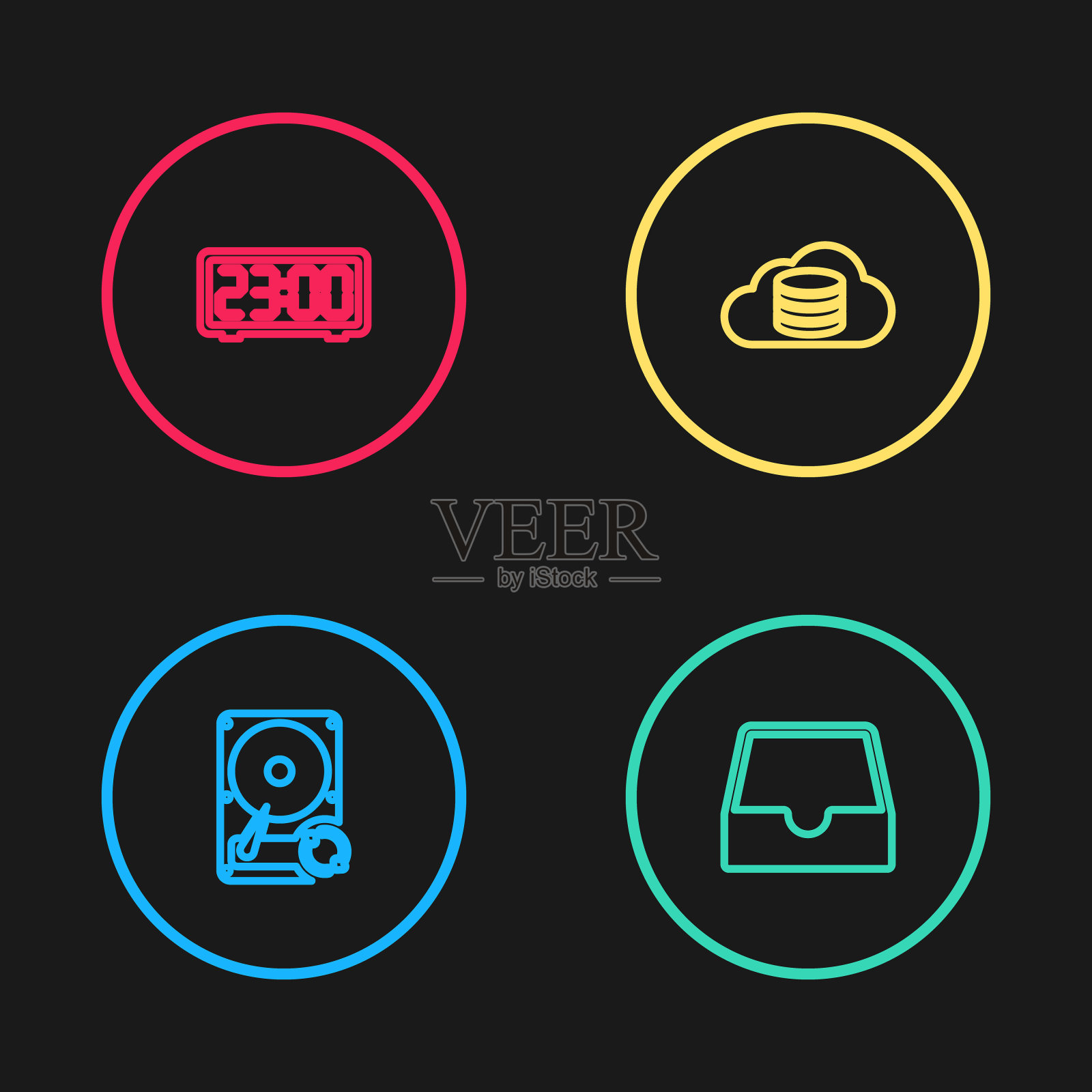设置行硬盘驱动器HDD同步刷新,社交媒体收件箱,云数据库和数字闹钟图标。向量图标素材