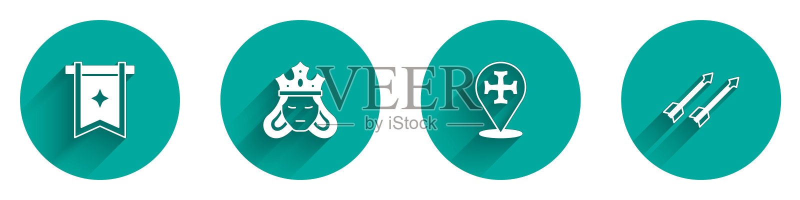 设置中世纪旗帜,公主或女王,十字军和箭头图标与长阴影。向量图标素材