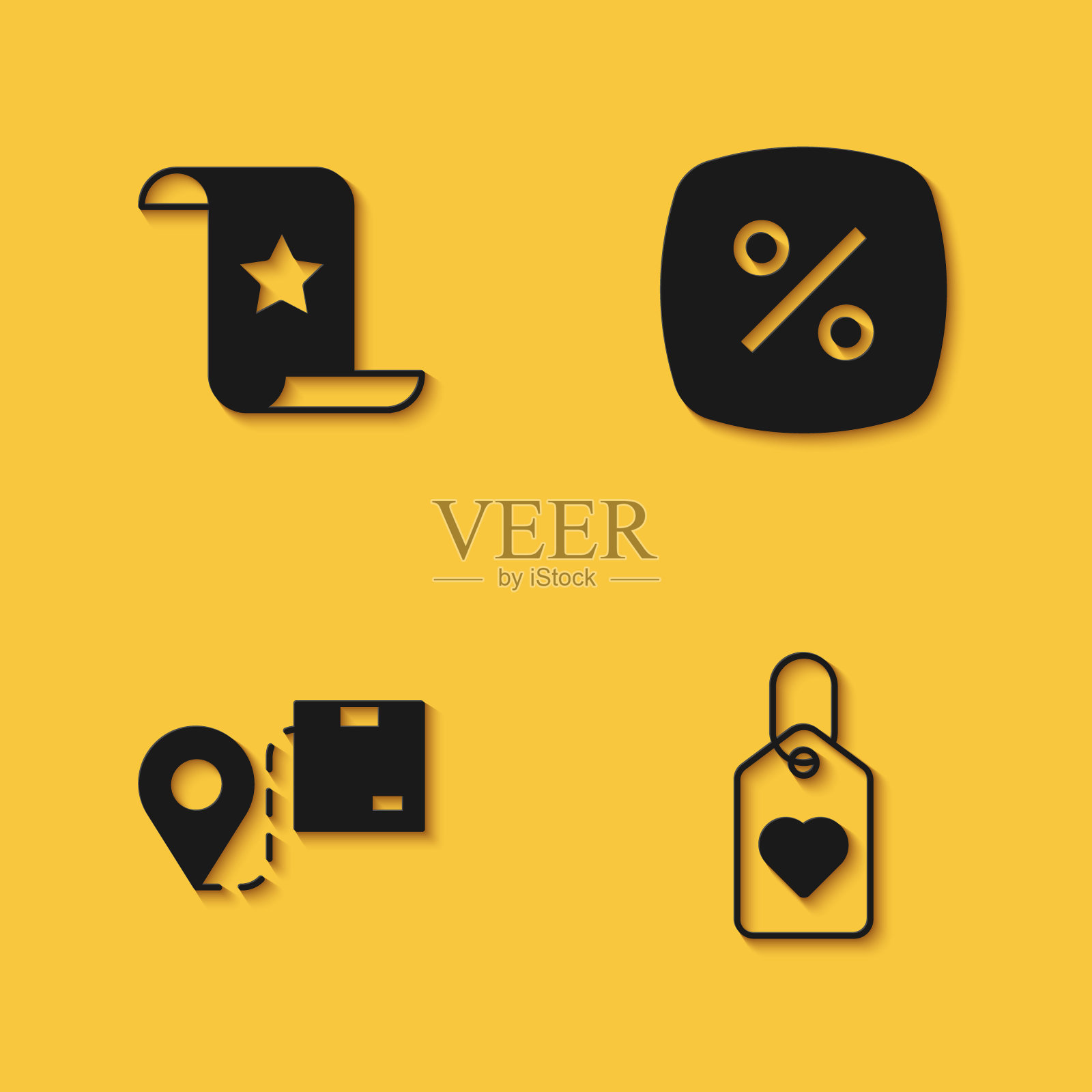 设置纸支票和财务支票,心脏标签,位置与纸箱和折扣百分比图标与长阴影。向量图标素材