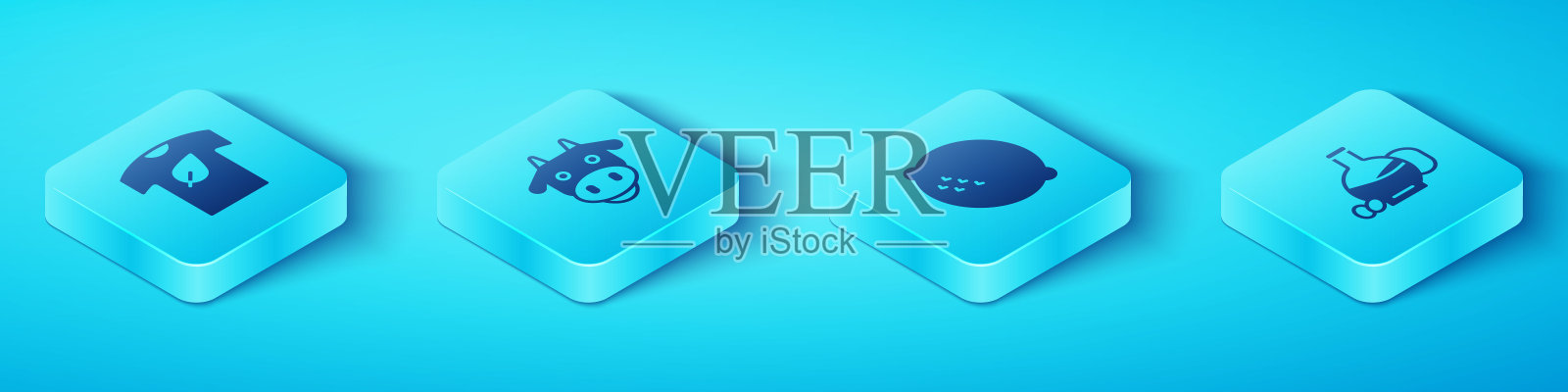 设置等距素食衬衫,牛头,橄榄油和柠檬图标。向量图标素材