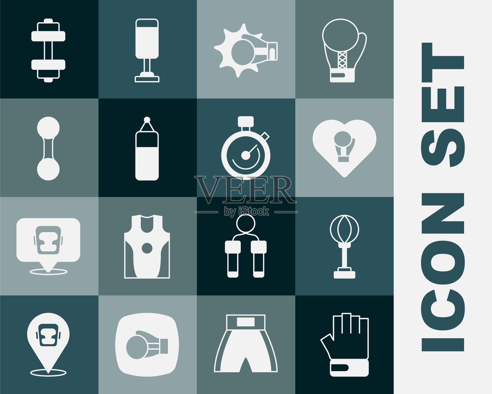 设置综合格斗手套、沙包、拳击、拳击、哑铃和秒表图标。向量图标素材