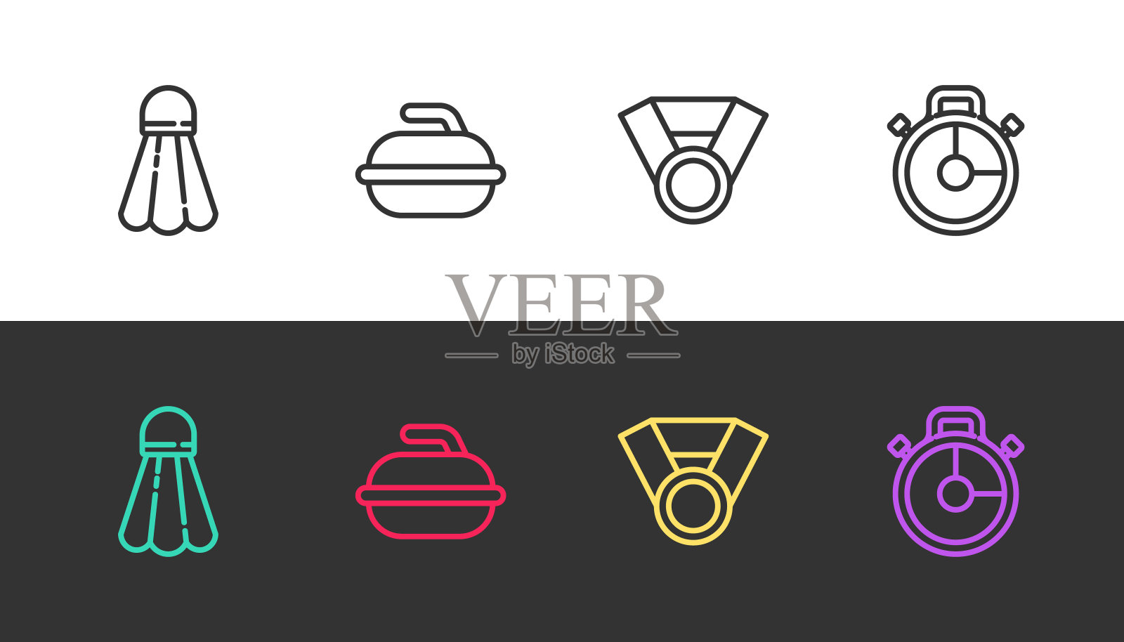 羽毛球羽毛球,冰壶运动的石头,奖牌和秒表上的黑白。向量图标素材