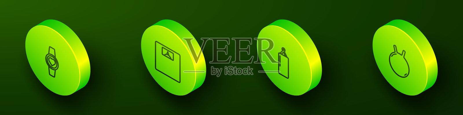 设置等距线智能手表,浴室秤,沙袋和壶铃图标。向量图标素材