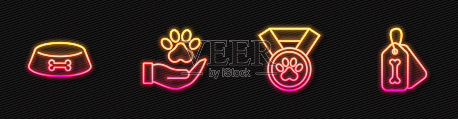 设置宠物奖励标志,猫或狗的食物碗,带有动物足迹的手和狗的锁骨。发光的霓虹灯图标。向量插画图片素材