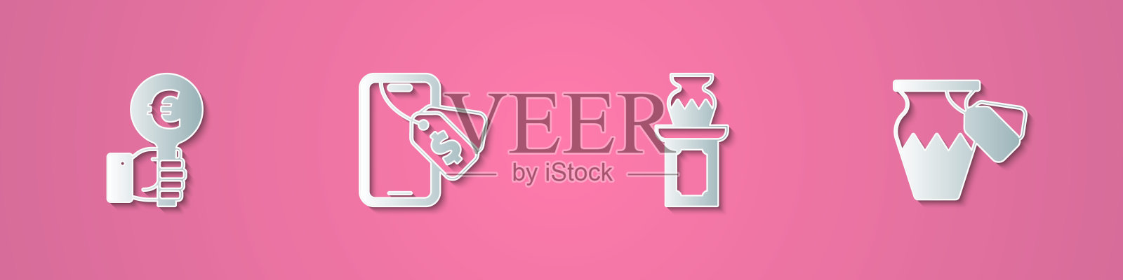 集剪纸手握拍卖桨,在线,拍卖古代花瓶和图标。纸艺术风格。向量图标素材