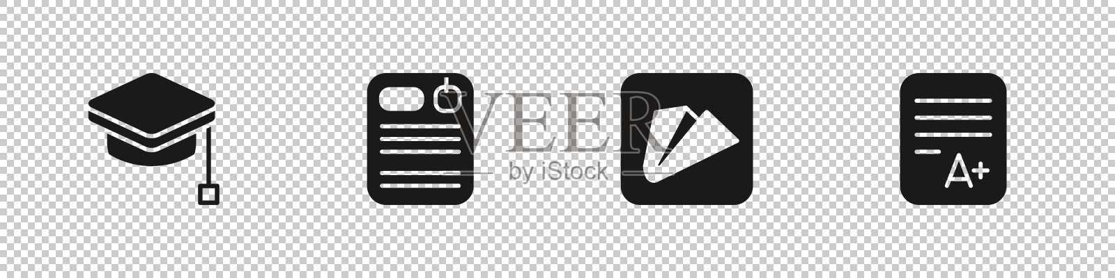 设置毕业帽,档案文件夹,纸飞机和考试表与A +等级图标。向量图标素材