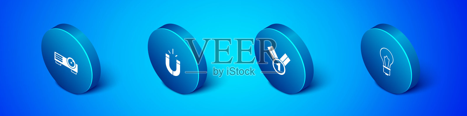 设置等距电影,电影,媒体放映机,奖章,有想法的灯泡和磁铁图标。向量图标素材