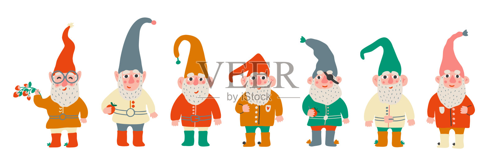 一群长着胡子的花园小矮人。收集可爱的精灵假日精灵与帽子。平面卡通矢量插图。对儿童绘画。设计元素图片