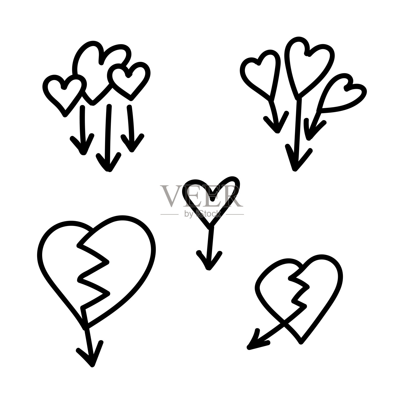 线性集涂鸦图标爱箭头与心和破碎的心。爱情指针,轨迹,喜欢。矢量设计元素的社交媒体,情人节和浪漫的设计插画图片素材
