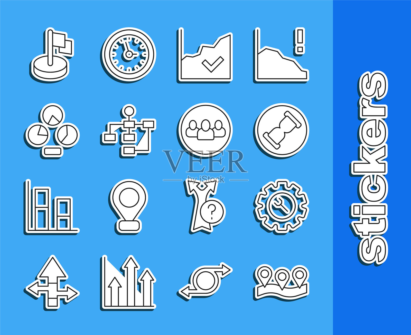 设置线位置,扳手和齿轮,旧沙漏与沙子,财务增长,层次组织图,饼信息图,旗帜和项目团队基础图标。向量图标素材