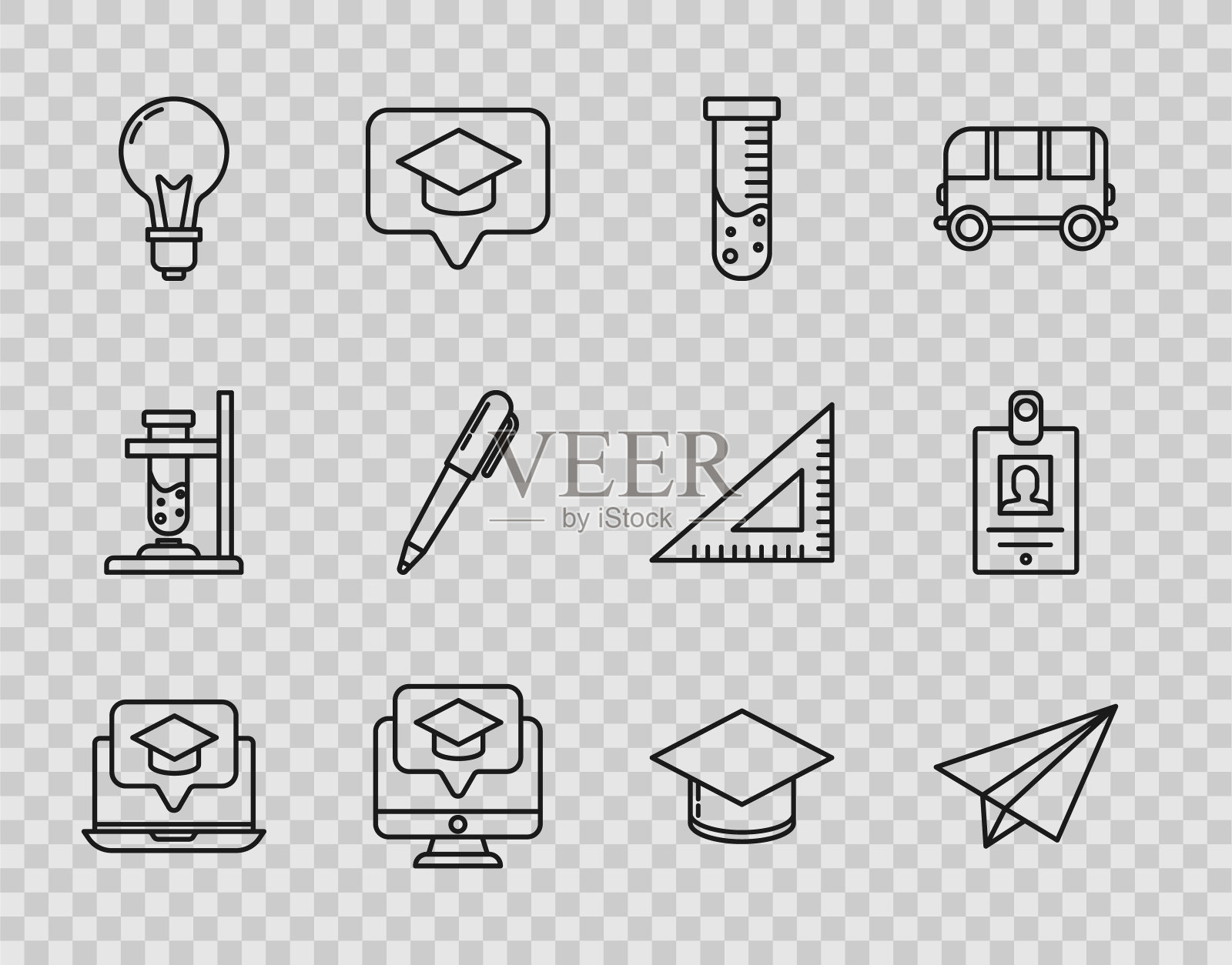 设置线毕业帽屏幕笔记本电脑,纸飞机,试管和烧瓶化学实验室,显示器毕业,灯泡概念的想法,笔,和标识徽章图标。向量图标素材