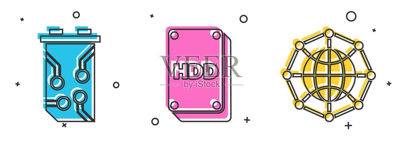 设置视频显卡、硬盘驱动器HDD和全球技术或社交网络图标。向量插画图片素材