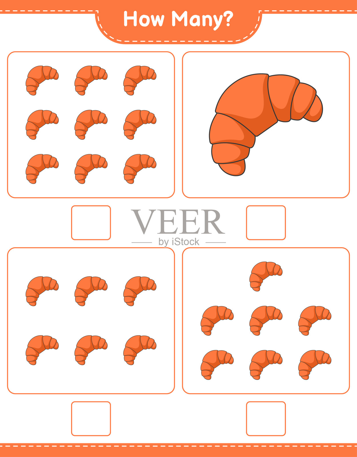 计数游戏,有多少牛角面包。教育儿童游戏,可打印的工作表,矢量插图插画图片素材