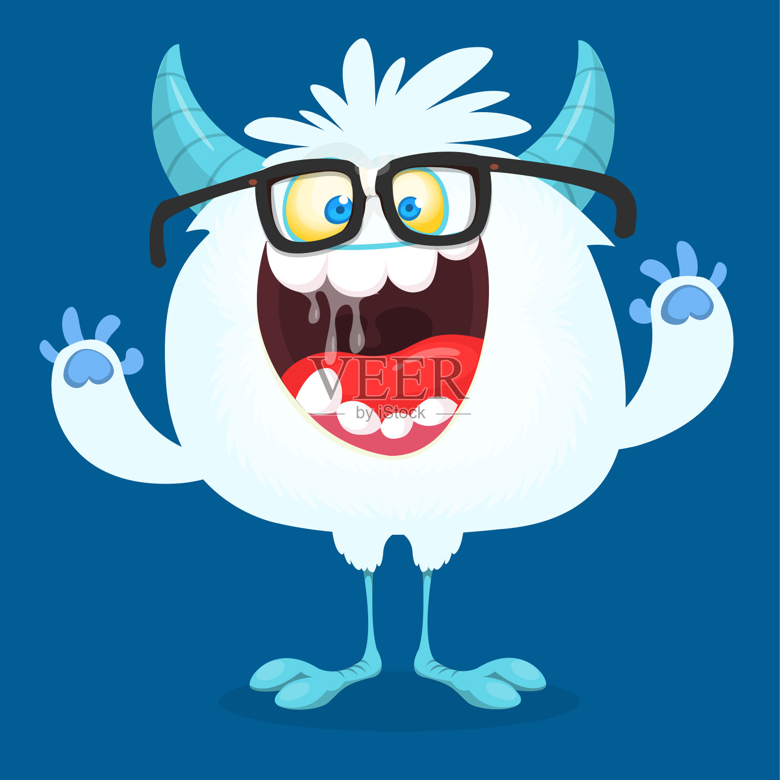 有趣的卡通微笑怪物白色毛茸茸的雪人。万圣节快乐大脚的插图插画图片素材