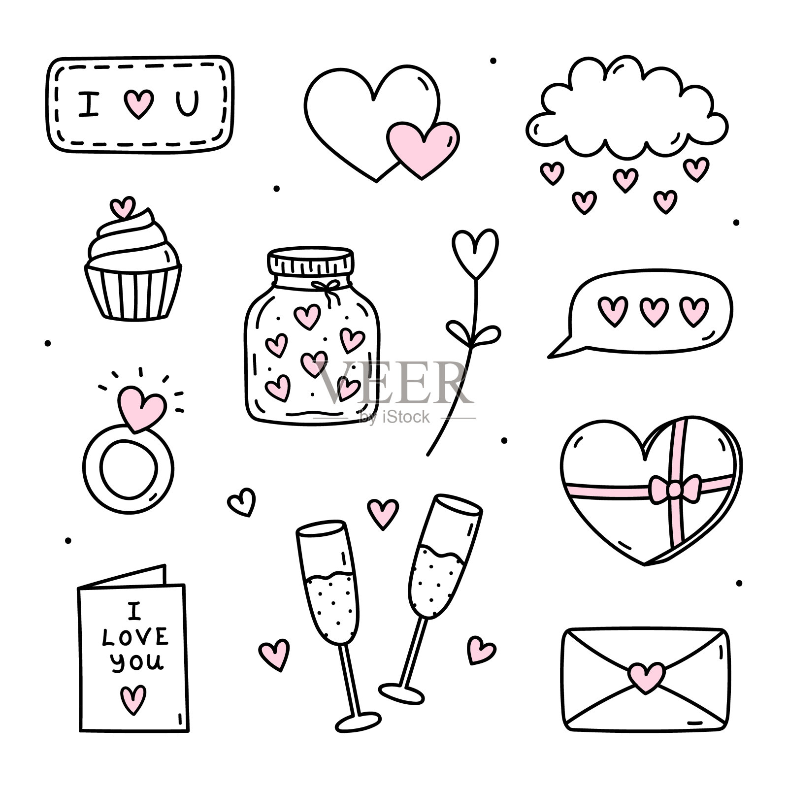 可爱的一套情人节涂鸦-香槟杯,爱的卡片,信封,心形的罐子和其他。矢量手绘插图。完美的假日设计,贴纸,装饰。插画图片素材