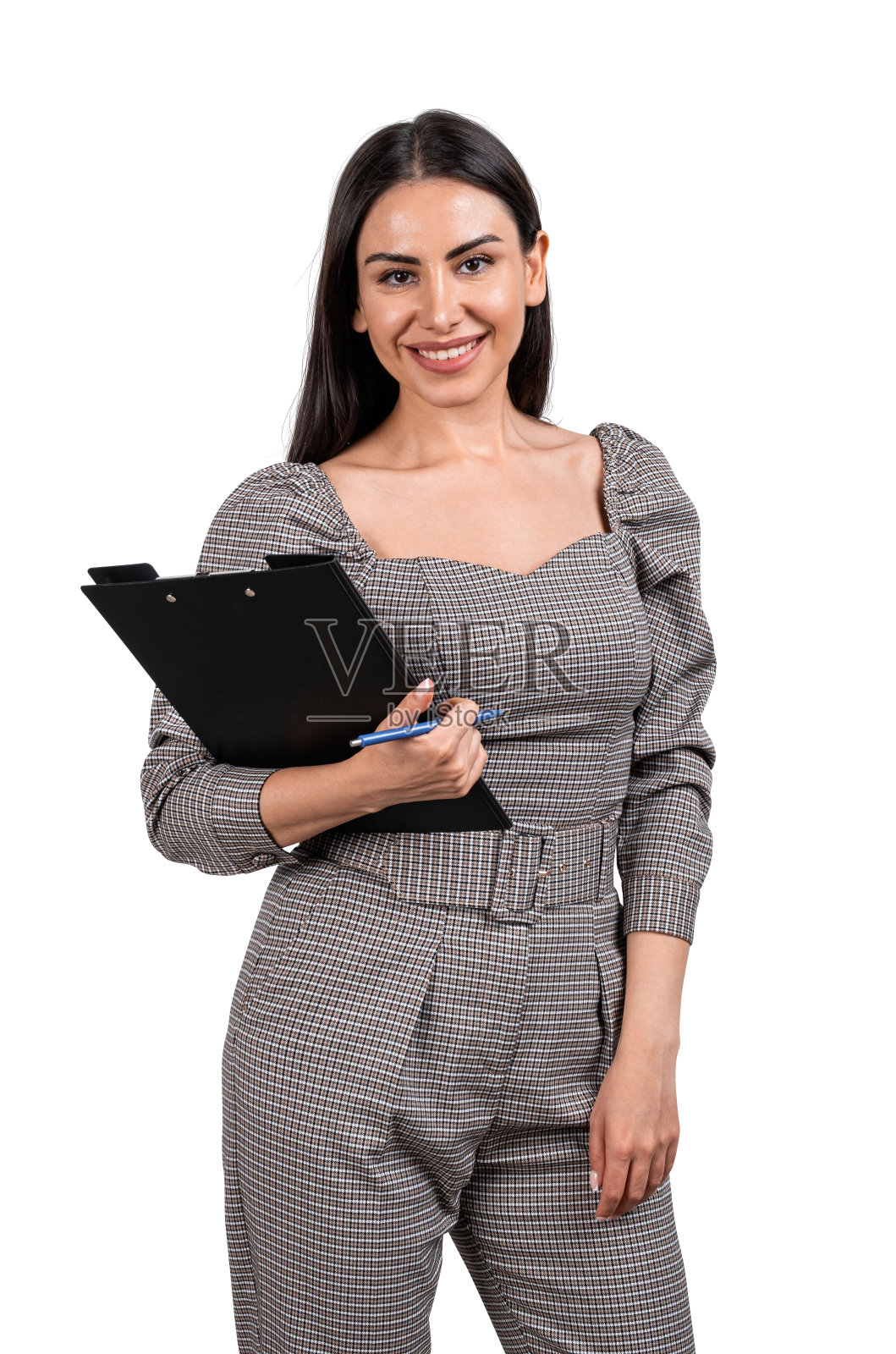 女商人与剪贴板,微笑孤立在白色背景照片摄影图片