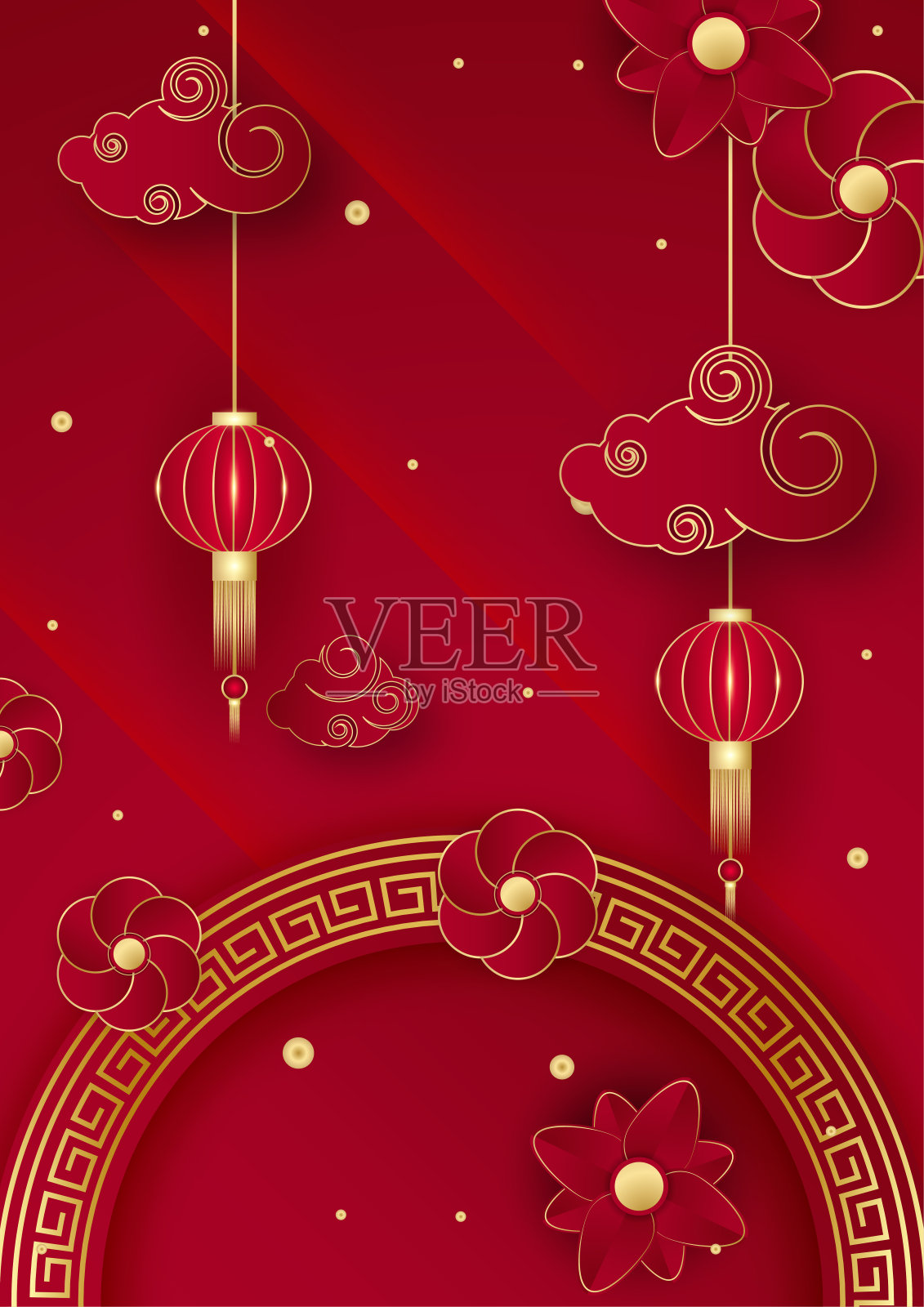 红色和金色喜庆春节横幅背景设计。中国瓷器红色和金色的背景与灯笼,花,树,象征和图案。红色和金色剪纸中国模板插画图片素材