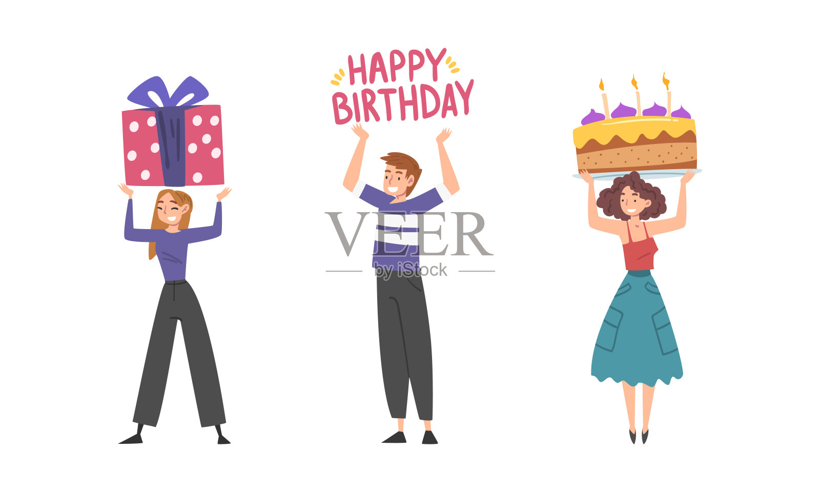 男人和女人庆祝生日携带包装礼品盒和蛋糕与蜡烛向量集插画图片素材