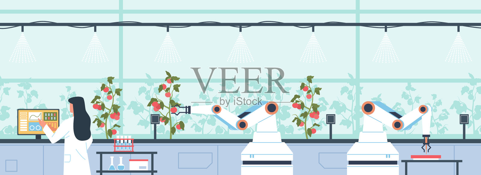 机器人灌溉农场植物自动灌溉插画图片素材