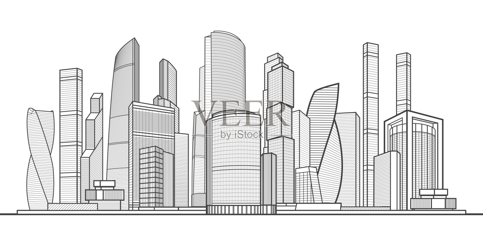 现代的城市。城市城市复杂。商务中心。基础设施概述了插图。黑色轮廓在白色背景。矢量设计艺术插画图片素材