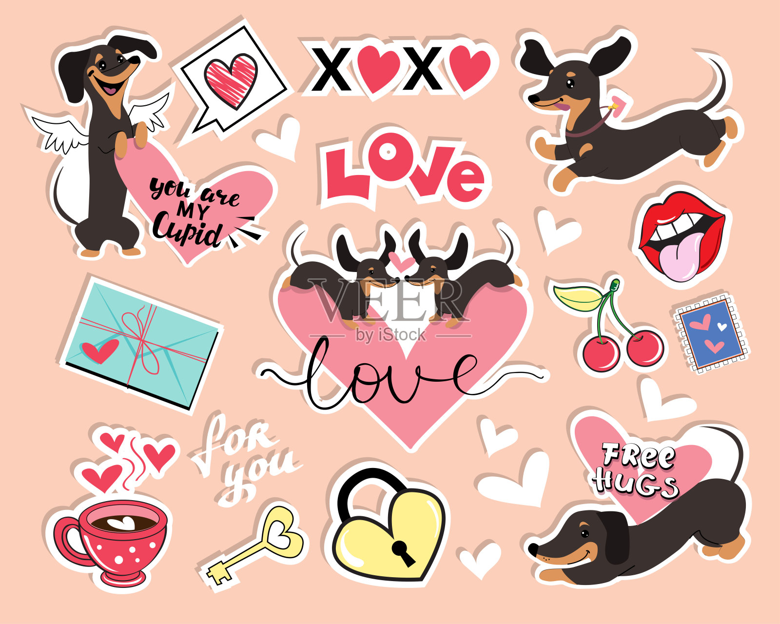 时尚徽章与情人节贴纸集腊肠狗,挂锁,信封和爱的项目。矢量图插画图片素材