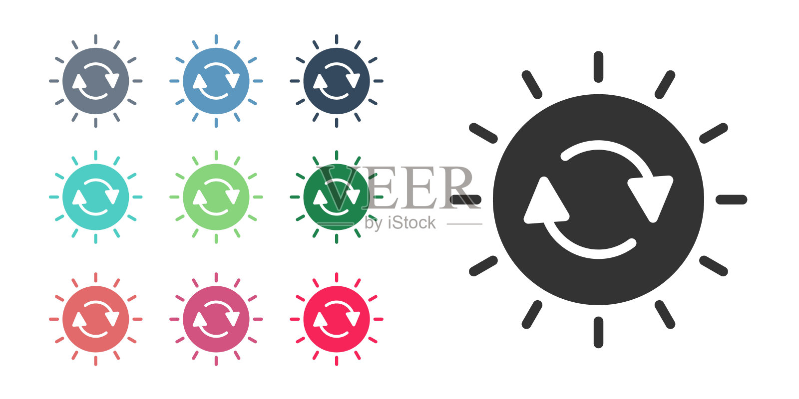 黑色太阳能电池板图标孤立在白色背景。有闪电标志的太阳。设置图标丰富多彩。向量图标素材