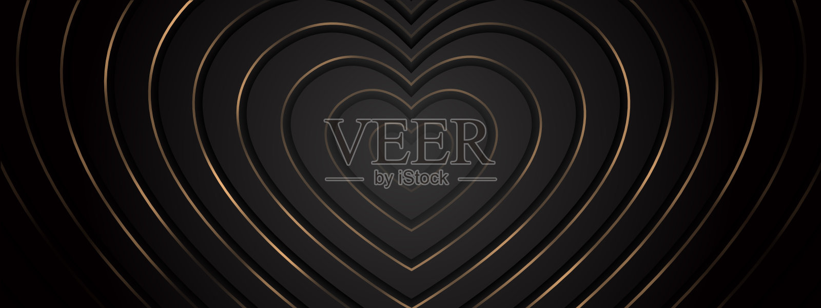 3D金色波纹心形,黑色背景,中心柔和阴影插画图片素材