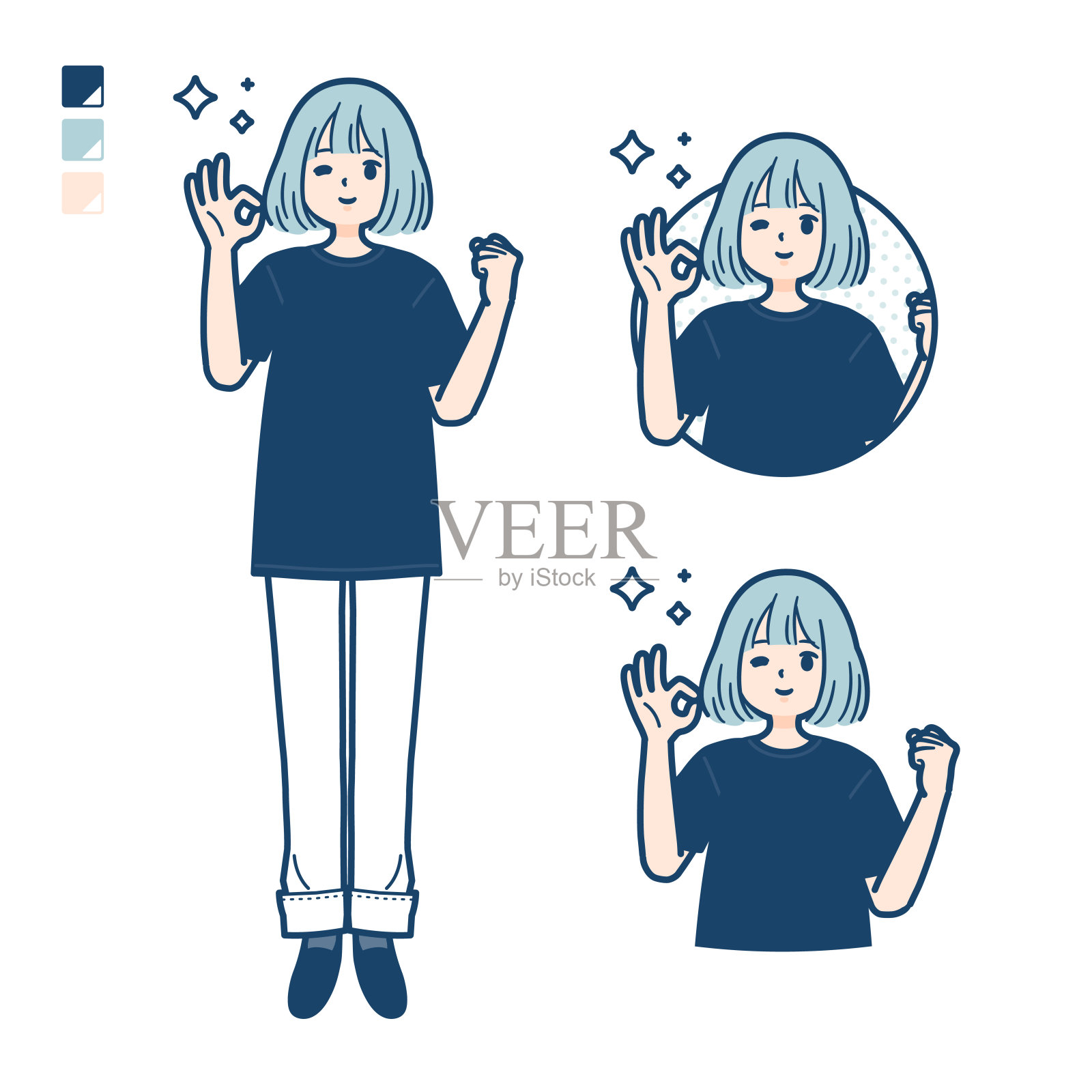 一个女人穿着一件大号t恤,上面印着OK标志。插画图片素材