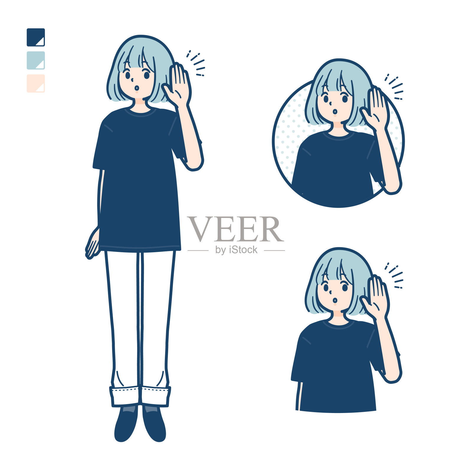 一个穿着大号t恤的女人,上面印着“倾听”的图像插画图片素材