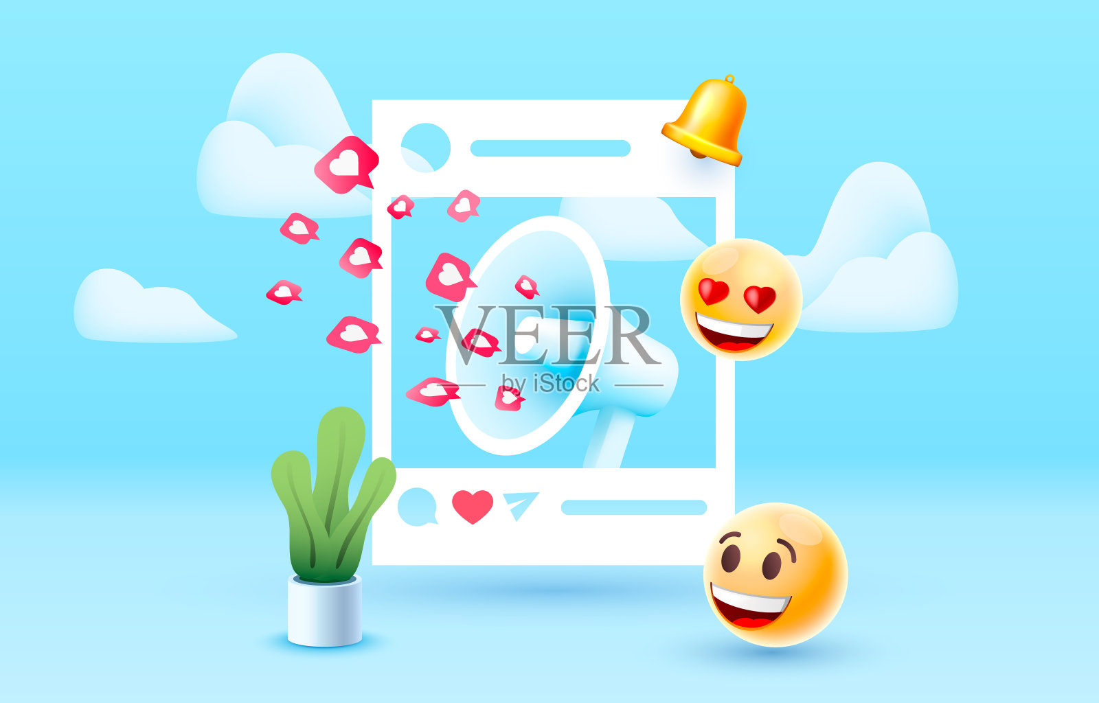 扩音器像图标一样飞来飞去,人们交流的社交网络。向量插画图片素材