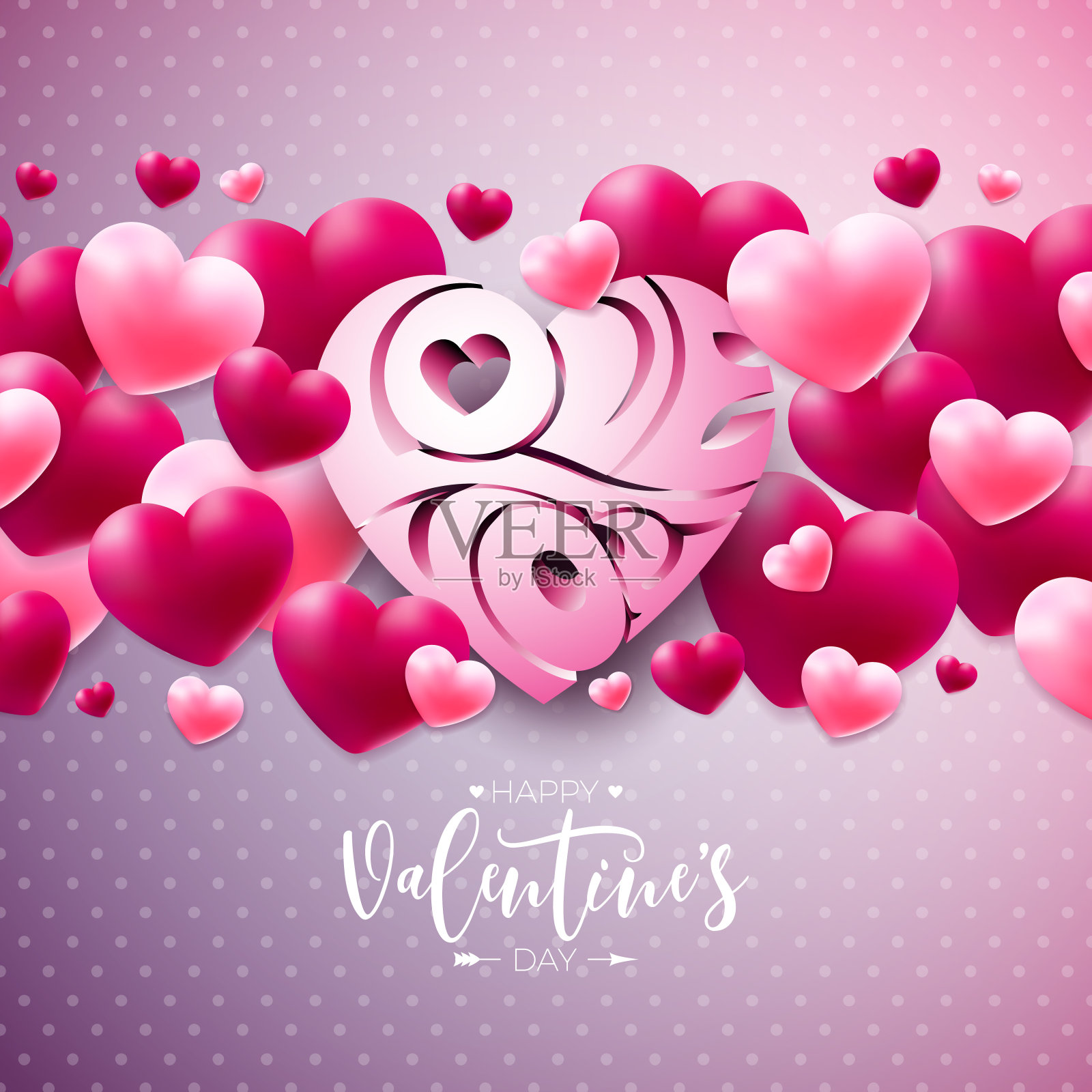 快乐的情人节设计与红色和白色的心和爱排版字母上的图案背景。向量婚礼和浪漫的情人节主题插图的传单,贺卡,旗帜,节日海报或派对邀请。插画图片素材