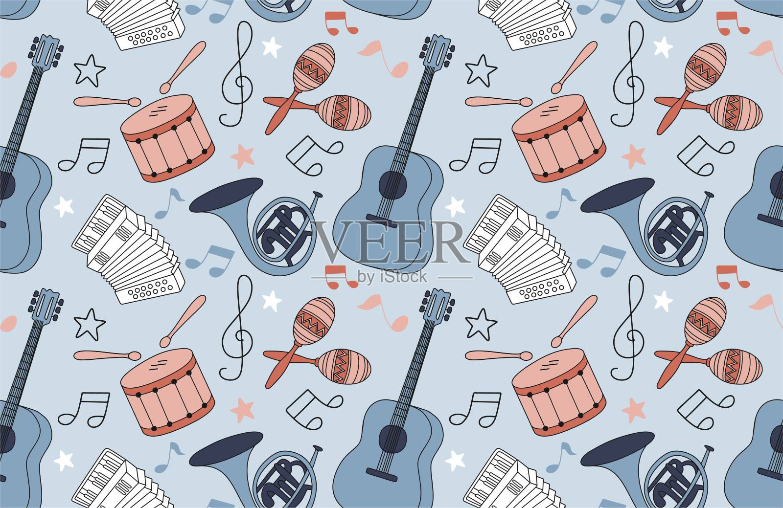 扁平风格的乐器的彩色无缝图案插画图片素材