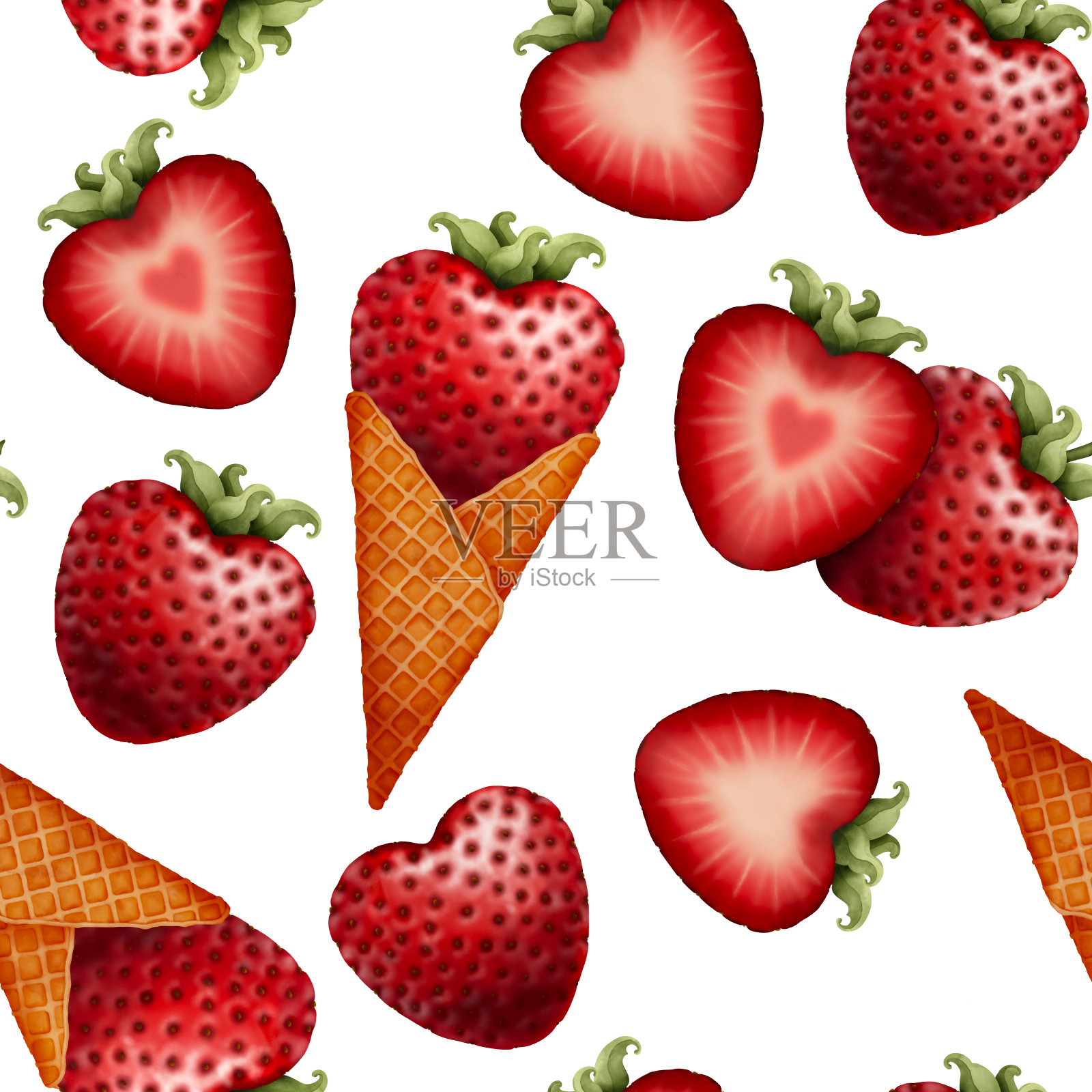 草莓心型,冰淇淋蛋筒水彩无缝图案。情人节,爱情,甜点的概念插画图片素材