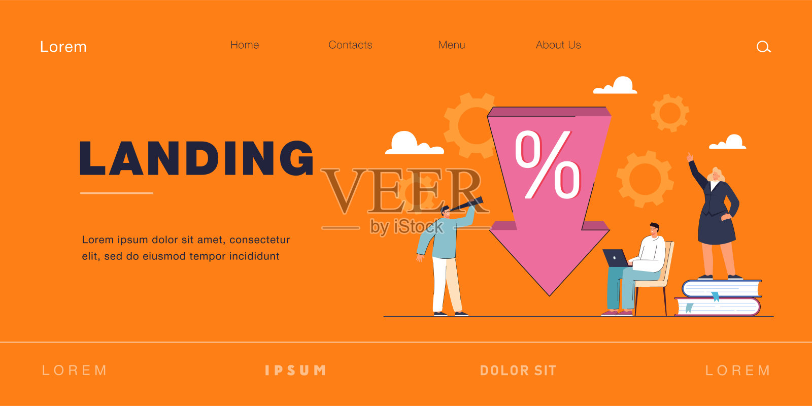 小百姓和箭头的贷款利率或价格下降插画图片素材