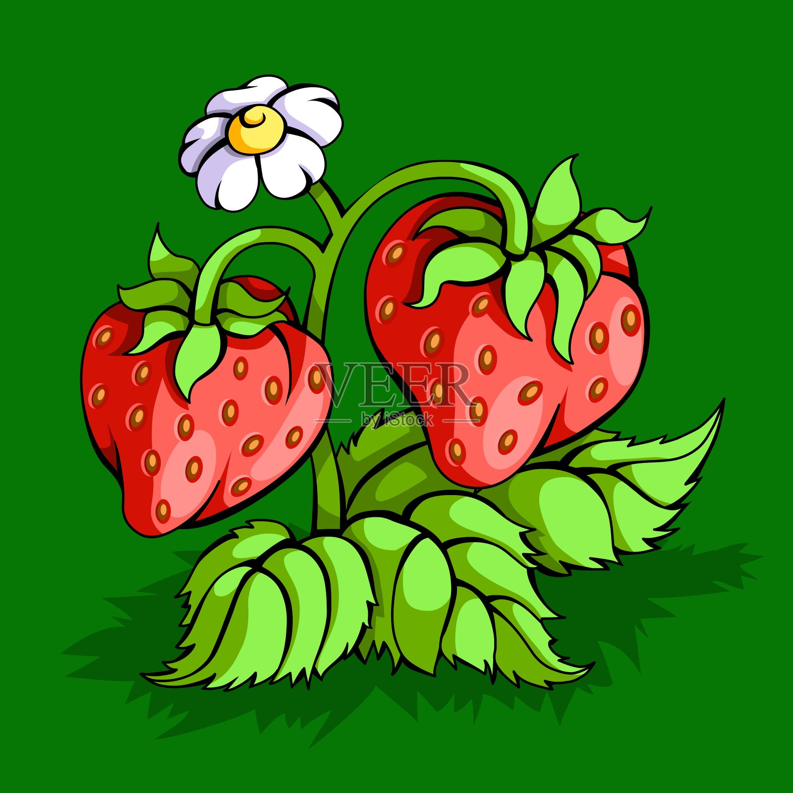 草莓孤立在绿色背景上的图像,在黑色轮廓的卡通风格。插画图片素材