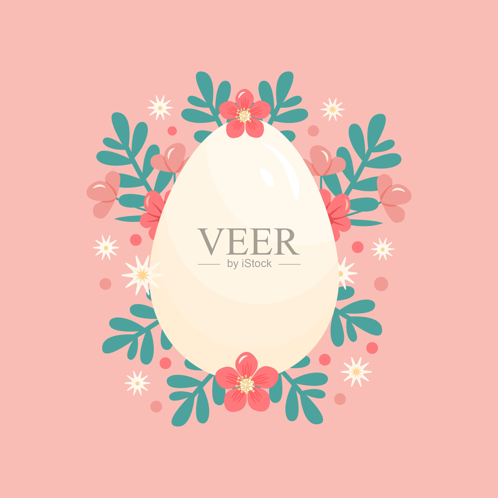 快乐复活节的矢量插图与鸡蛋在中心和盛开的花朵,在粉红色的背景上的叶子。模板设计与地方的文本。贺卡或聚会邀请。插画图片素材