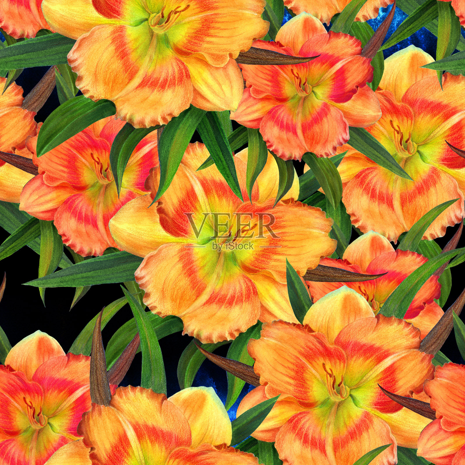 水彩背景上的花朵。黄色的黄花菜。水彩壁纸与花卉主题。无缝图案花卉水彩。水彩花。插画图片素材