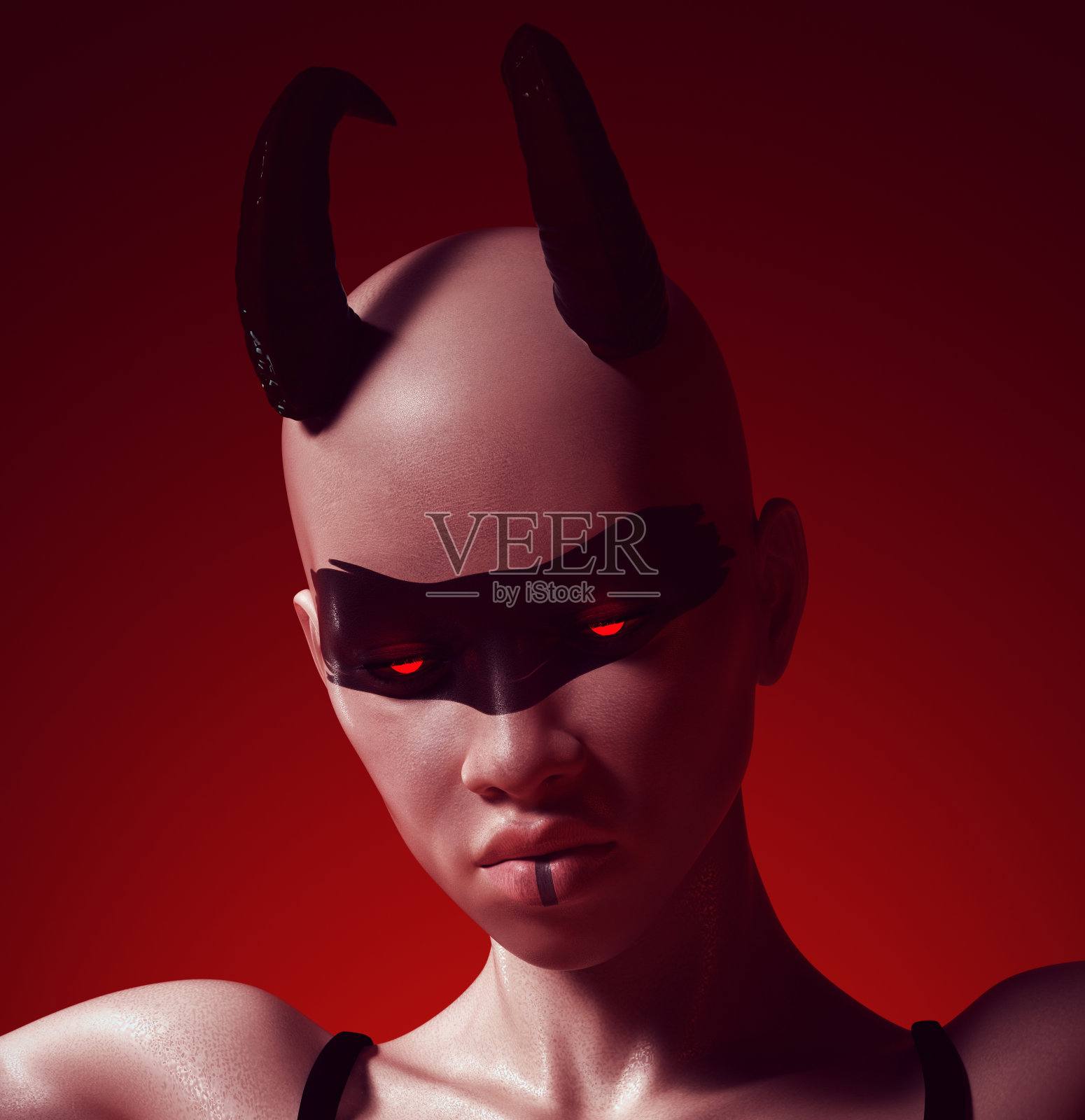 魔鬼女人角堕落天使女恶魔野兽黑色带脸画美时尚CG化身角色照片摄影图片