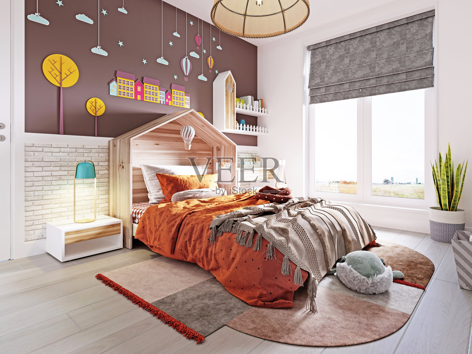 现代托儿所,白色和棕色的墙壁和床,橙色的毯子和床头板房子和大窗户俯瞰。照片摄影图片