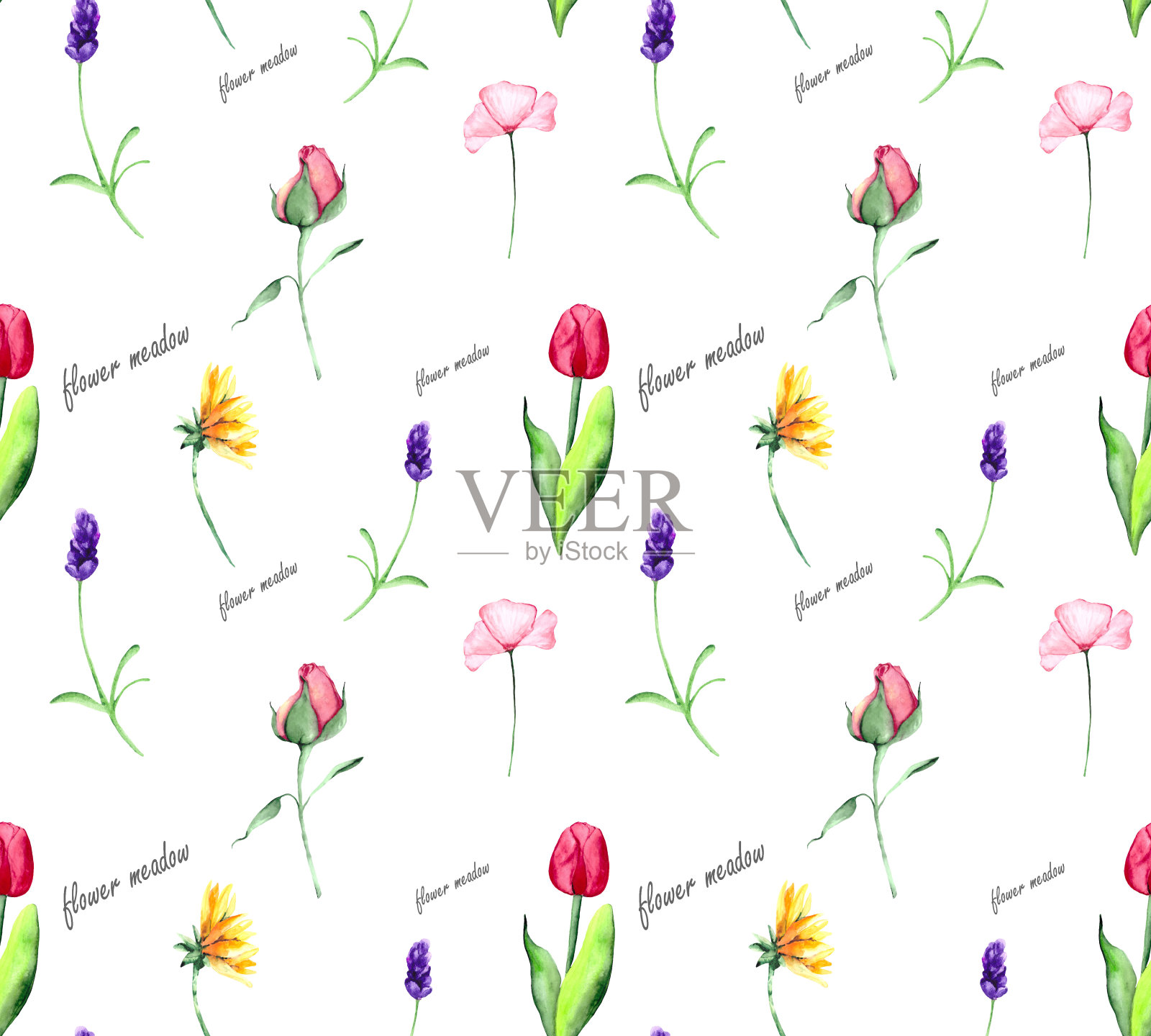 无缝图案与野花:薰衣草,向日葵,郁金香和玫瑰。水彩背景的纺织品,墙纸和包装。插画图片素材