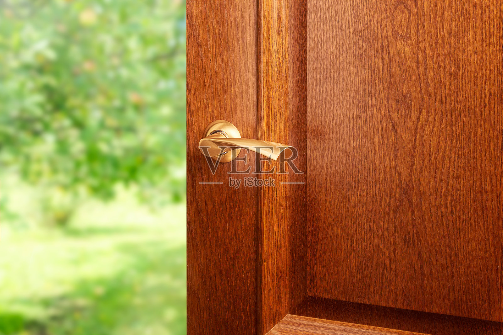 一扇通向街道的带有金属把手的木门。照片摄影图片