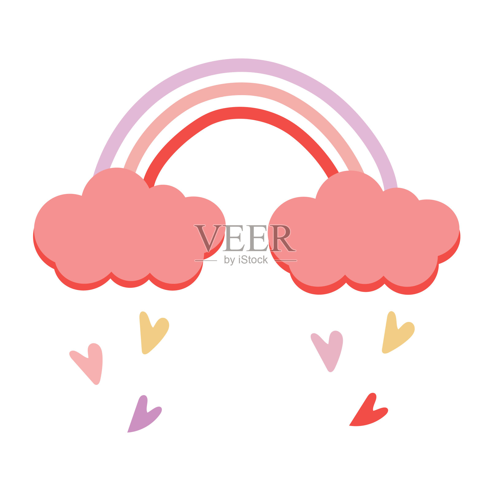 装饰彩色条纹彩虹与卡通下降的心。设计元素图片