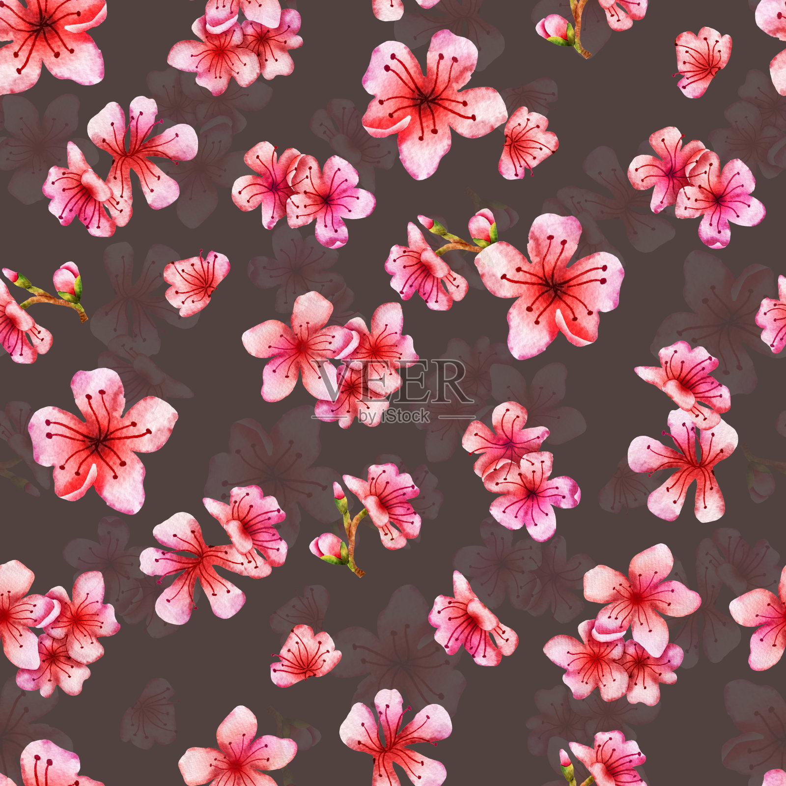 粉红色樱花水彩无缝图案插画图片素材